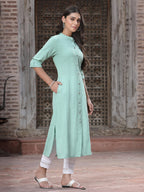 Juniper Women`s Green Cotton Flex Solid A-Line Kurta | Grocsy