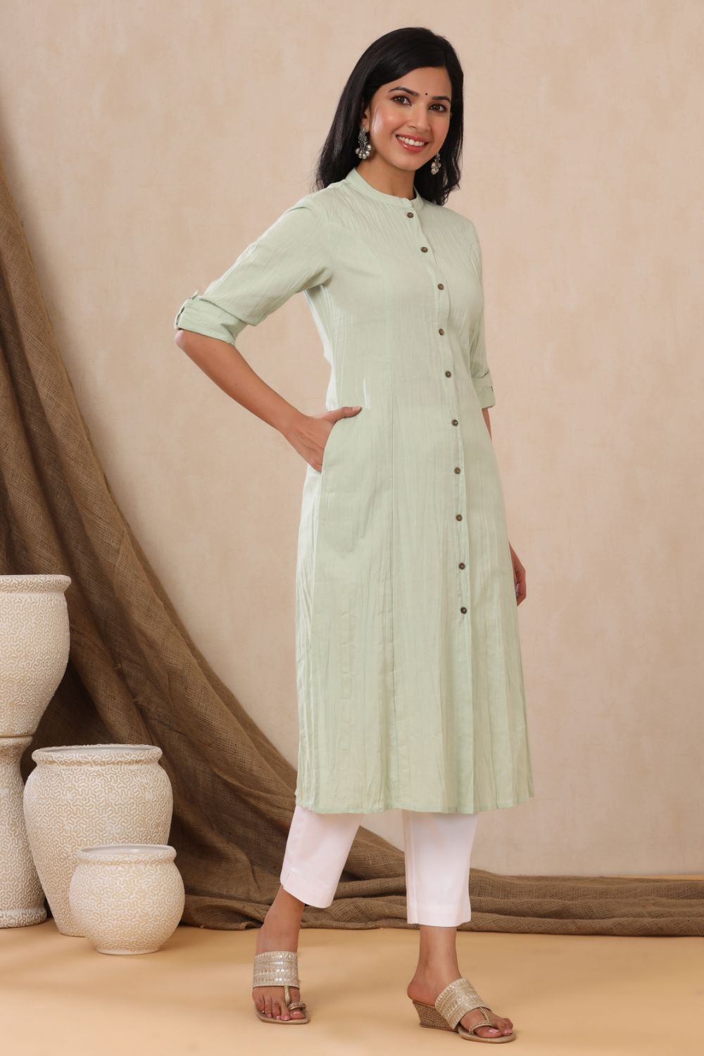 Juniper Womens Mint Cotton Flex Solid A-Line Kurta | Grocsy