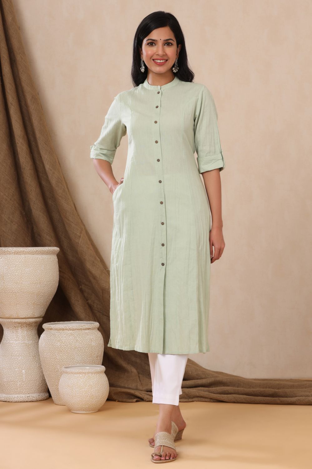 Juniper Womens Mint Cotton Flex Solid A-Line Kurta | Grocsy