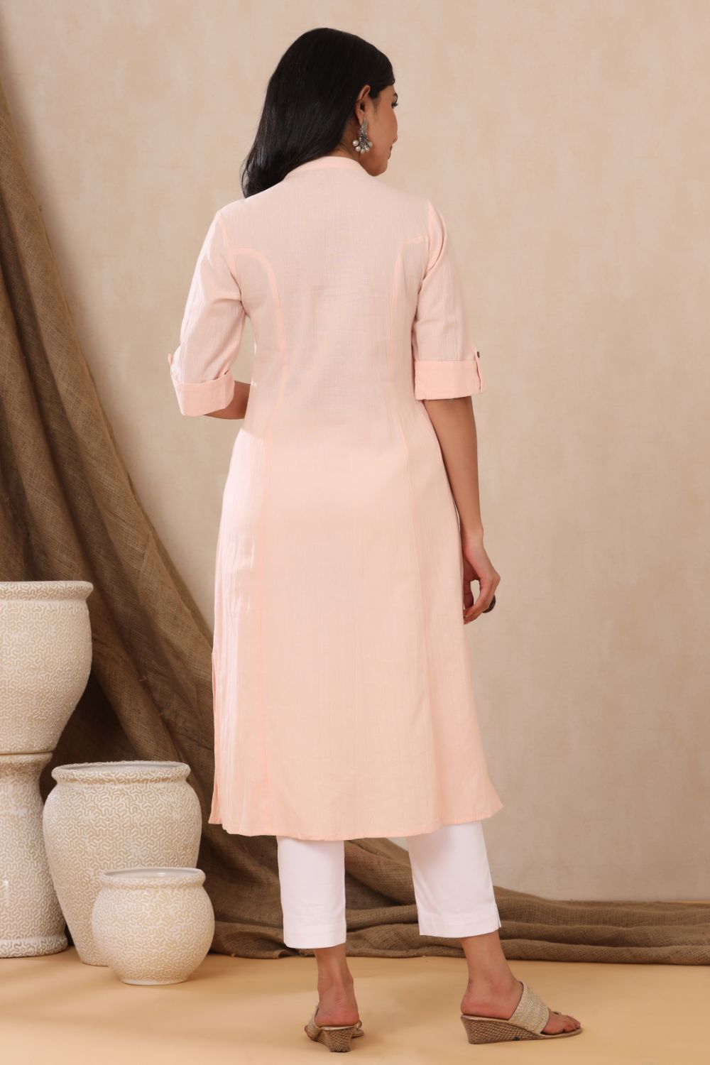 Juniper Womens Peach Cotton Flex Solid A-Line Kurta | Grocsy
