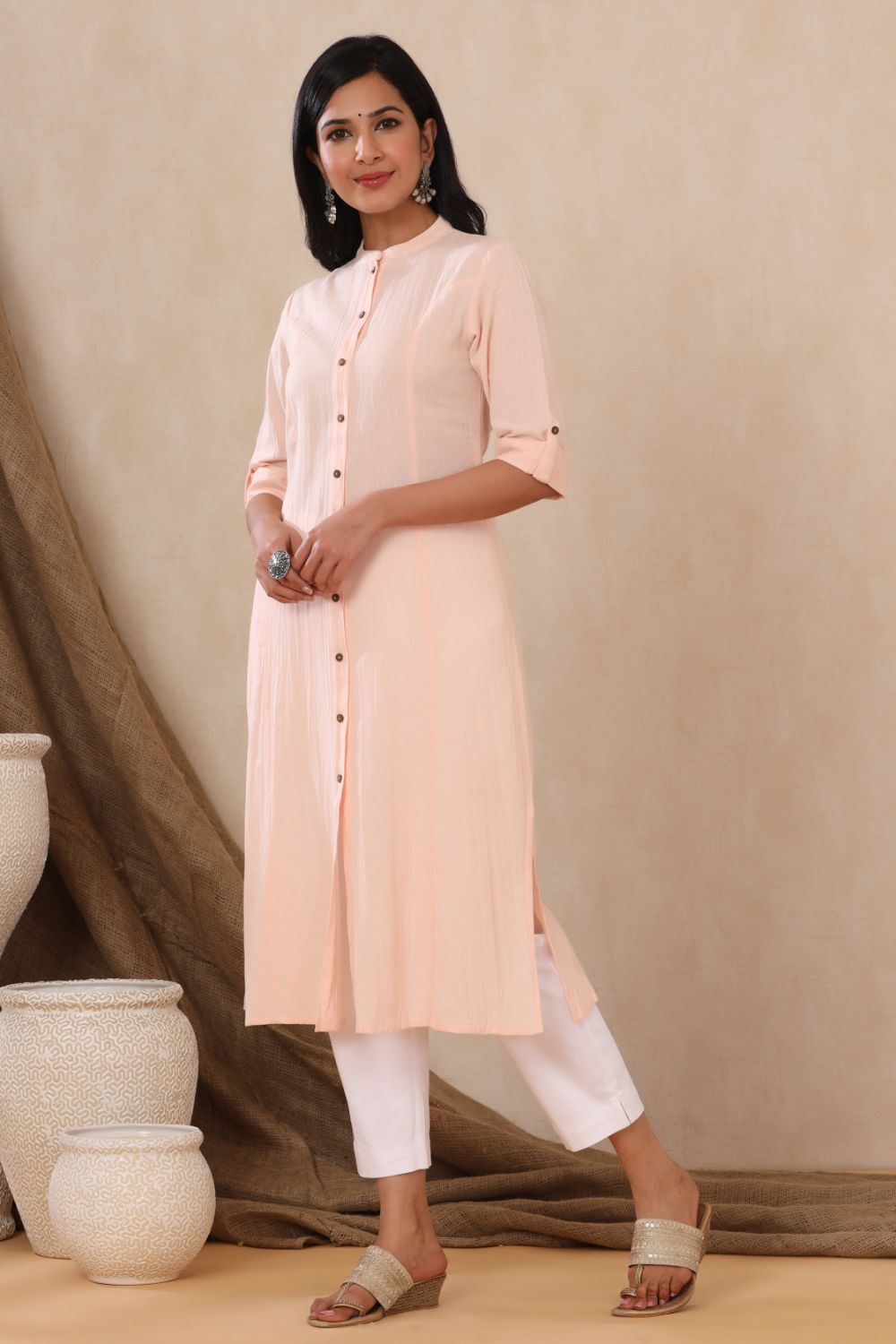 Juniper Womens Peach Cotton Flex Solid A-Line Kurta | Grocsy