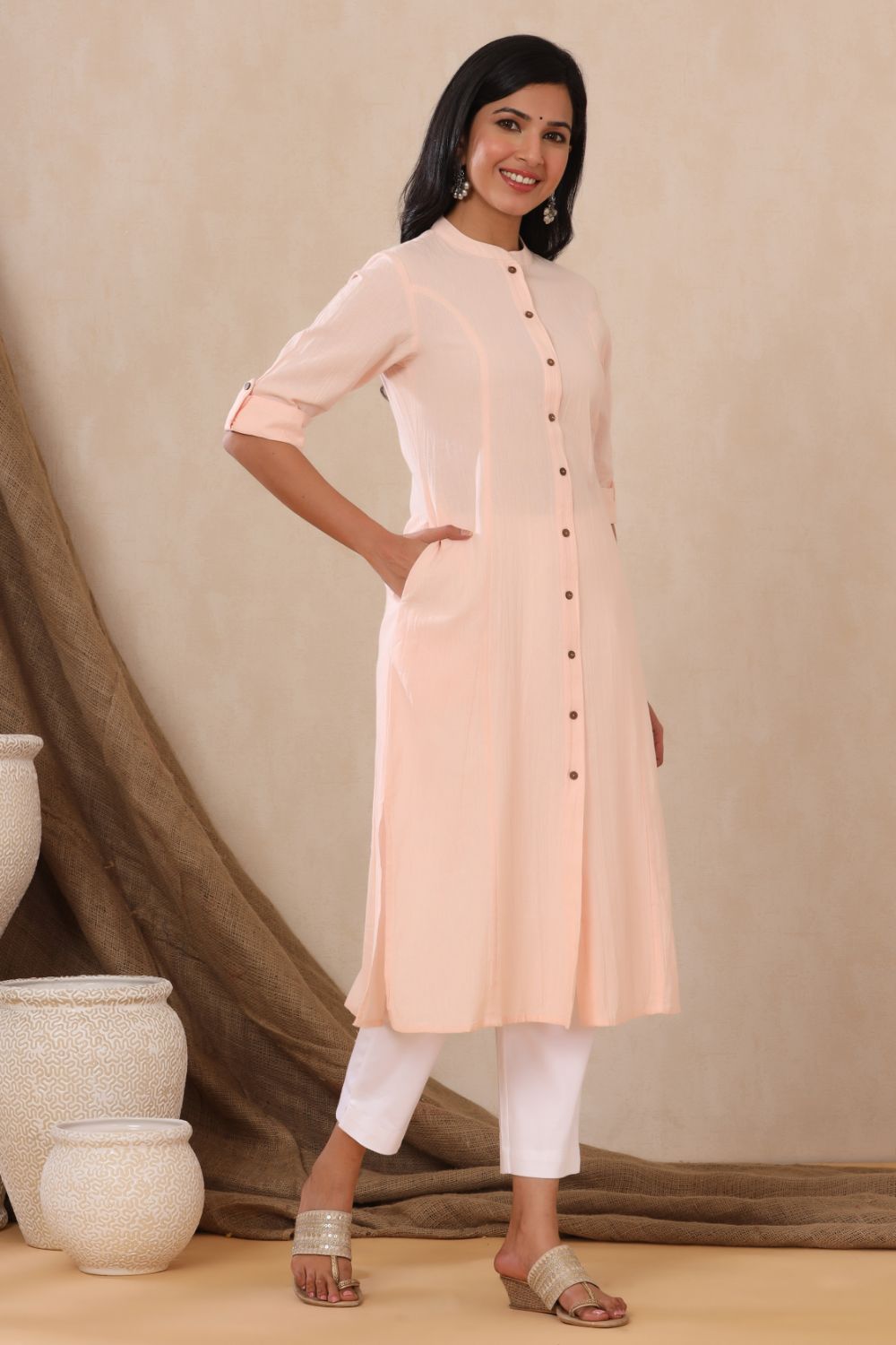 Juniper Womens Peach Cotton Flex Solid A-Line Kurta | Grocsy