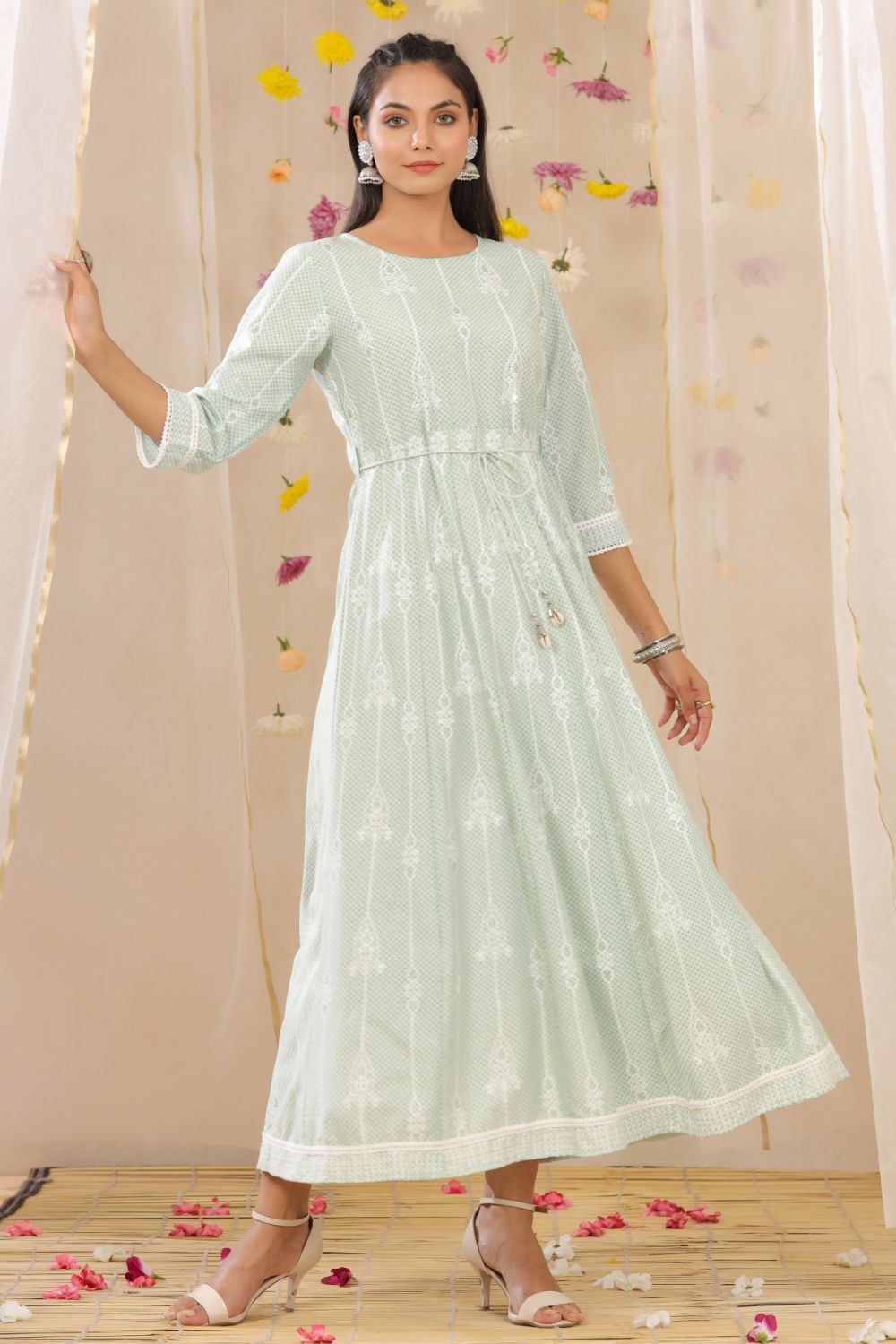 Juniper Womens Mint Rayon Gliter Printed Anarkali Dress | Grocsy