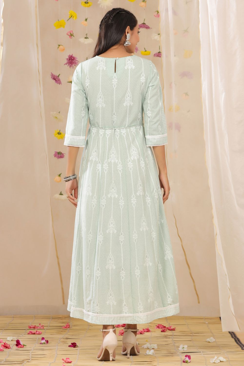 Juniper Womens Mint Rayon Gliter Printed Anarkali Dress | Grocsy
