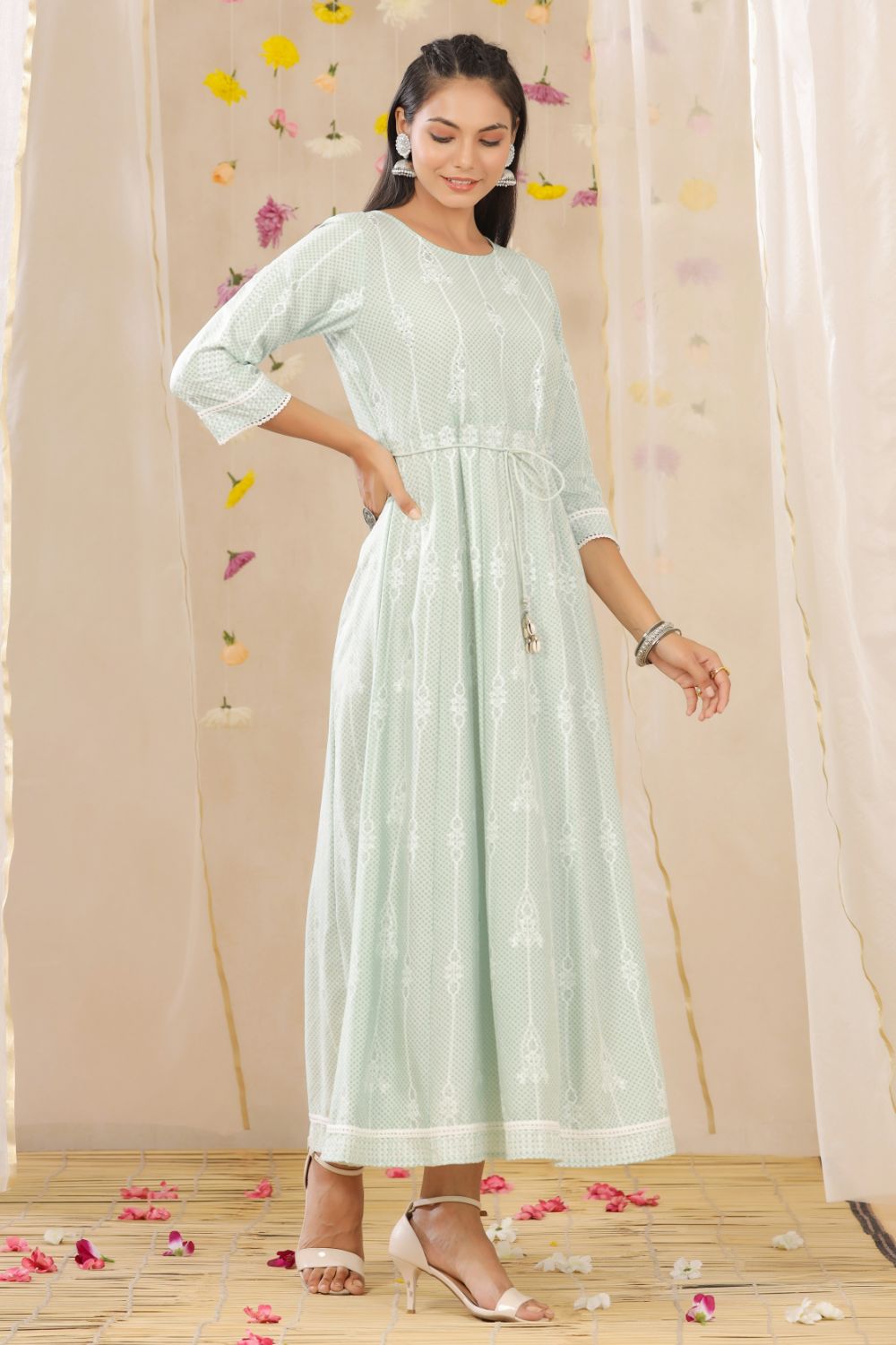 Juniper Womens Mint Rayon Gliter Printed Anarkali Dress | Grocsy