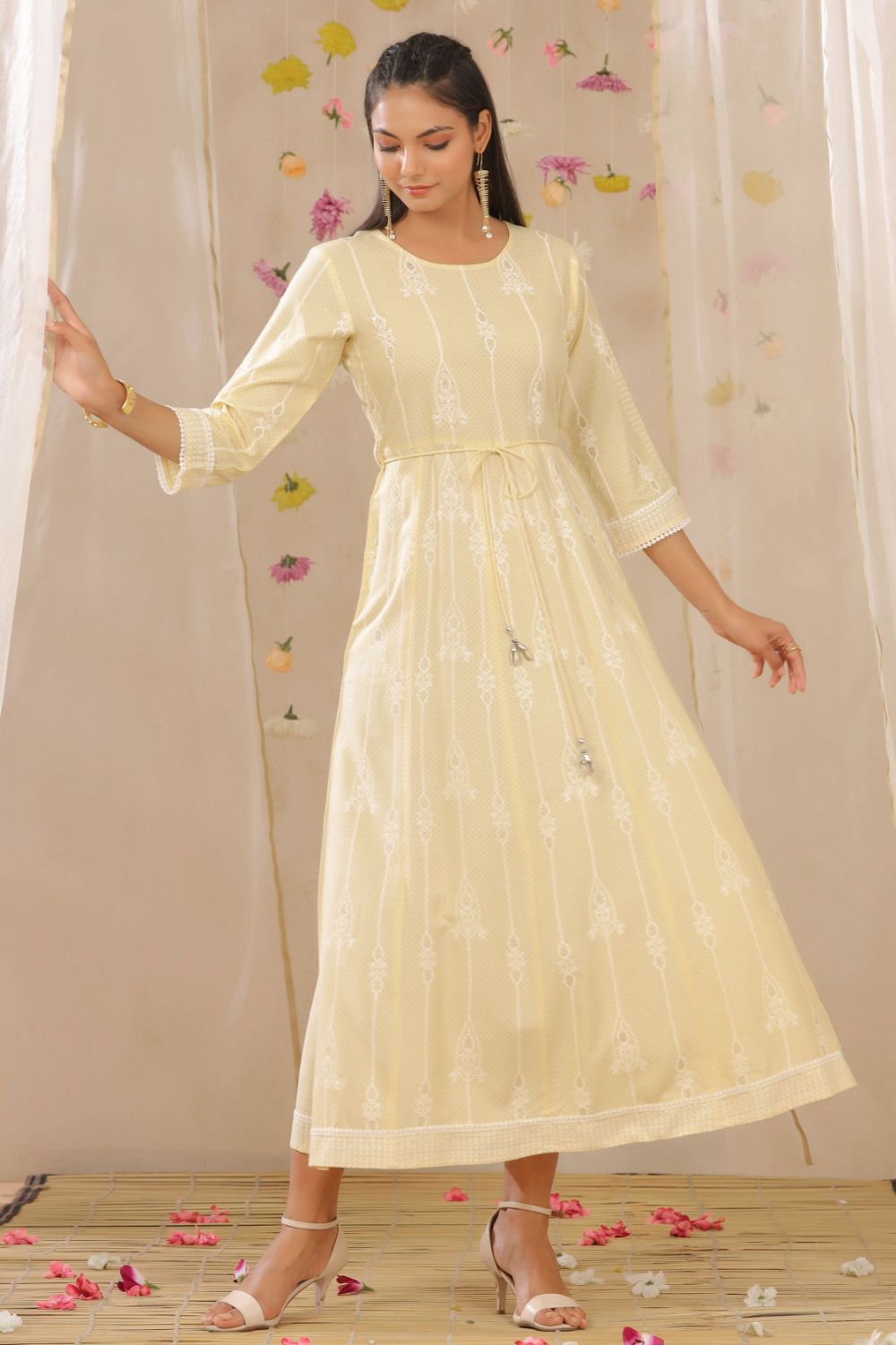Juniper Womens Yellow Rayon Gliter Printed Anarkali Dress | Grocsy