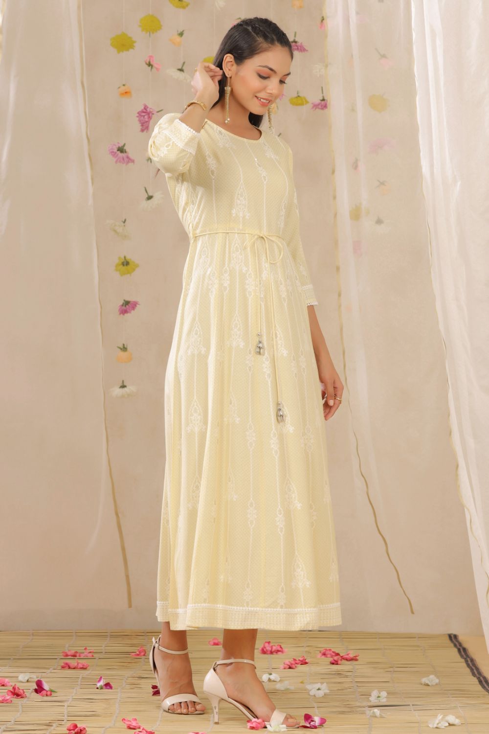 Juniper Womens Yellow Rayon Gliter Printed Anarkali Dress | Grocsy