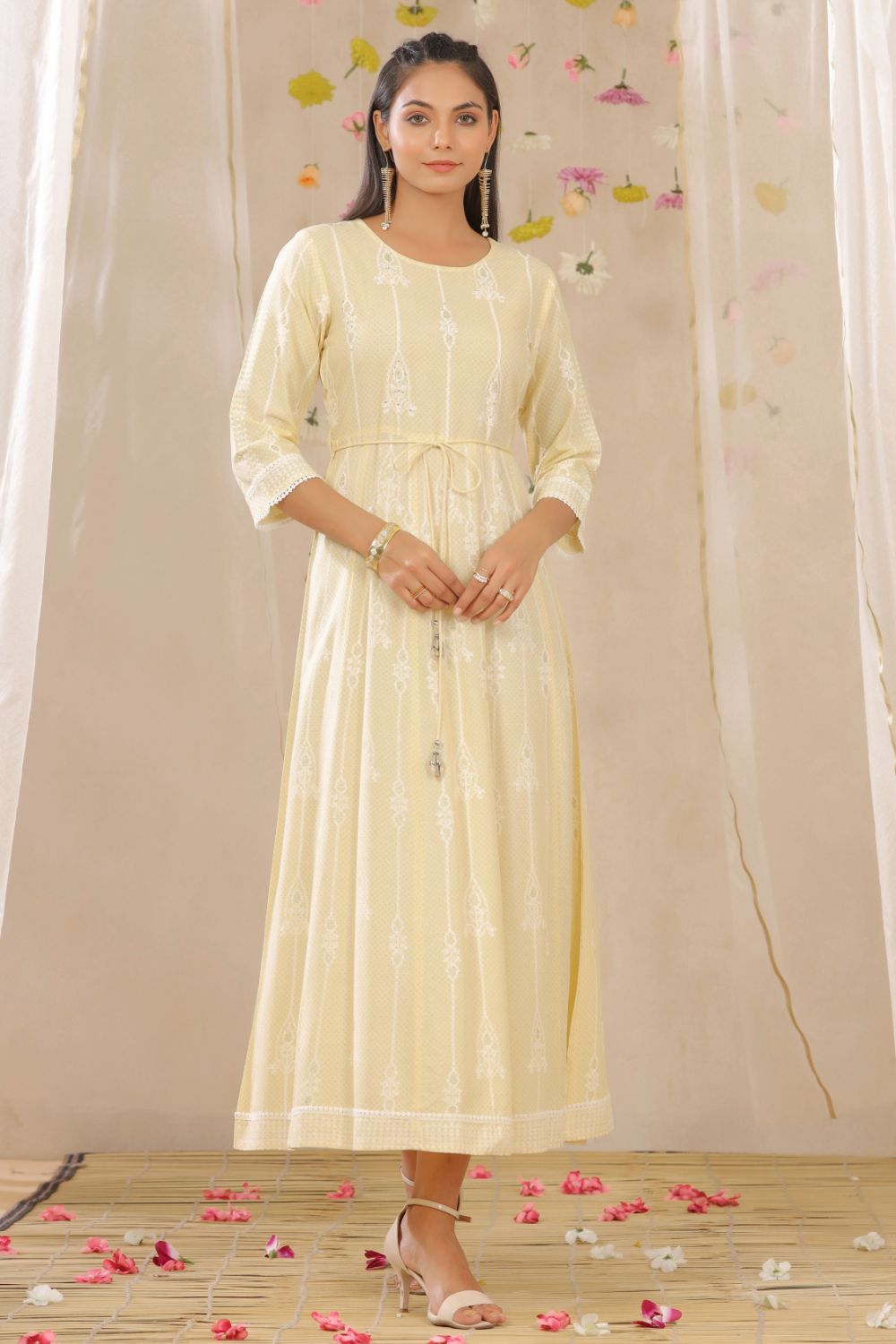 Juniper Womens Yellow Rayon Gliter Printed Anarkali Dress | Grocsy