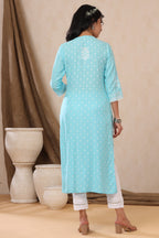 Juniper Aqua Ethnic Motif Printed Rayon Kurta With Lace Work | Grocsy