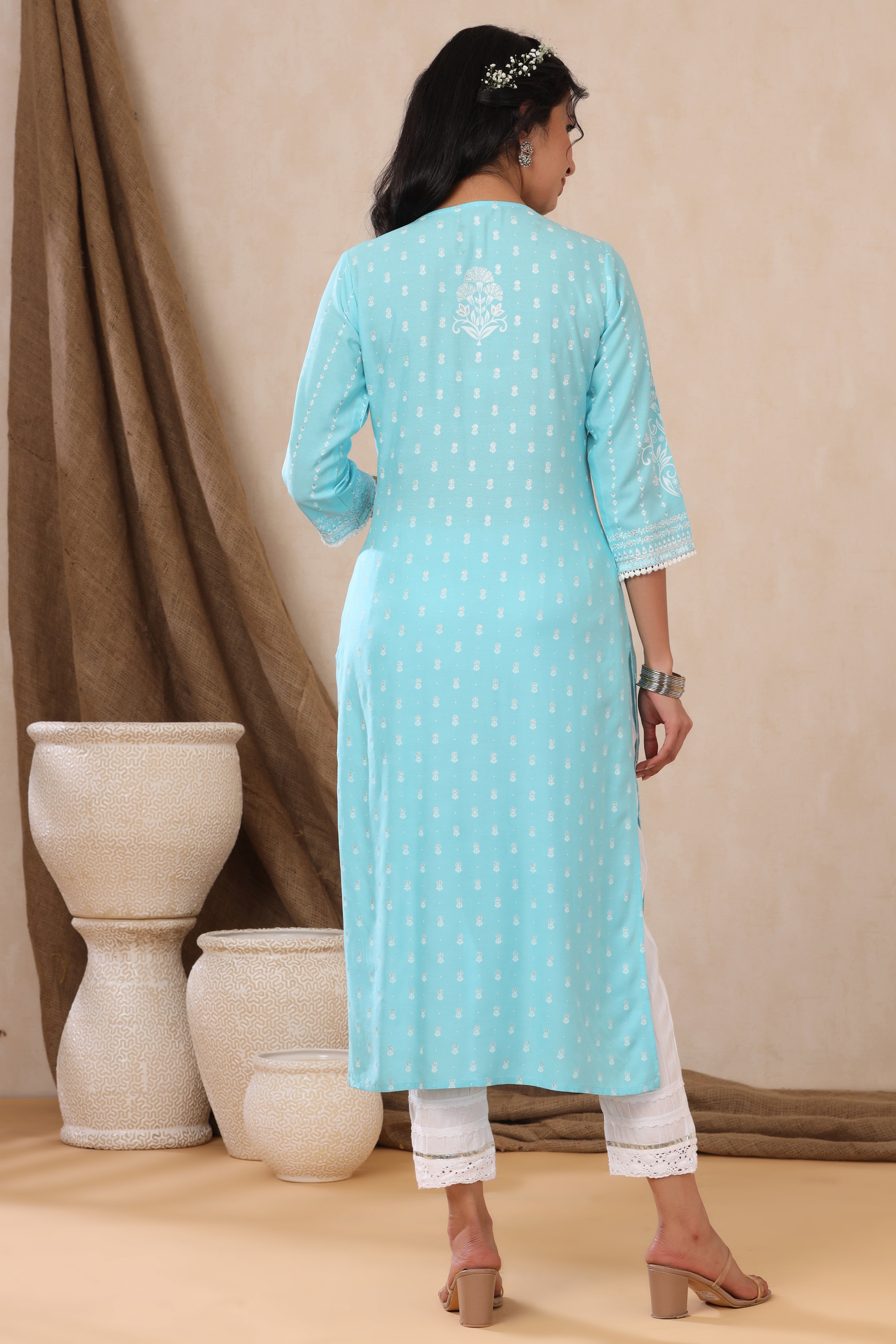 Juniper Aqua Ethnic Motif Printed Rayon Kurta With Lace Work | Grocsy