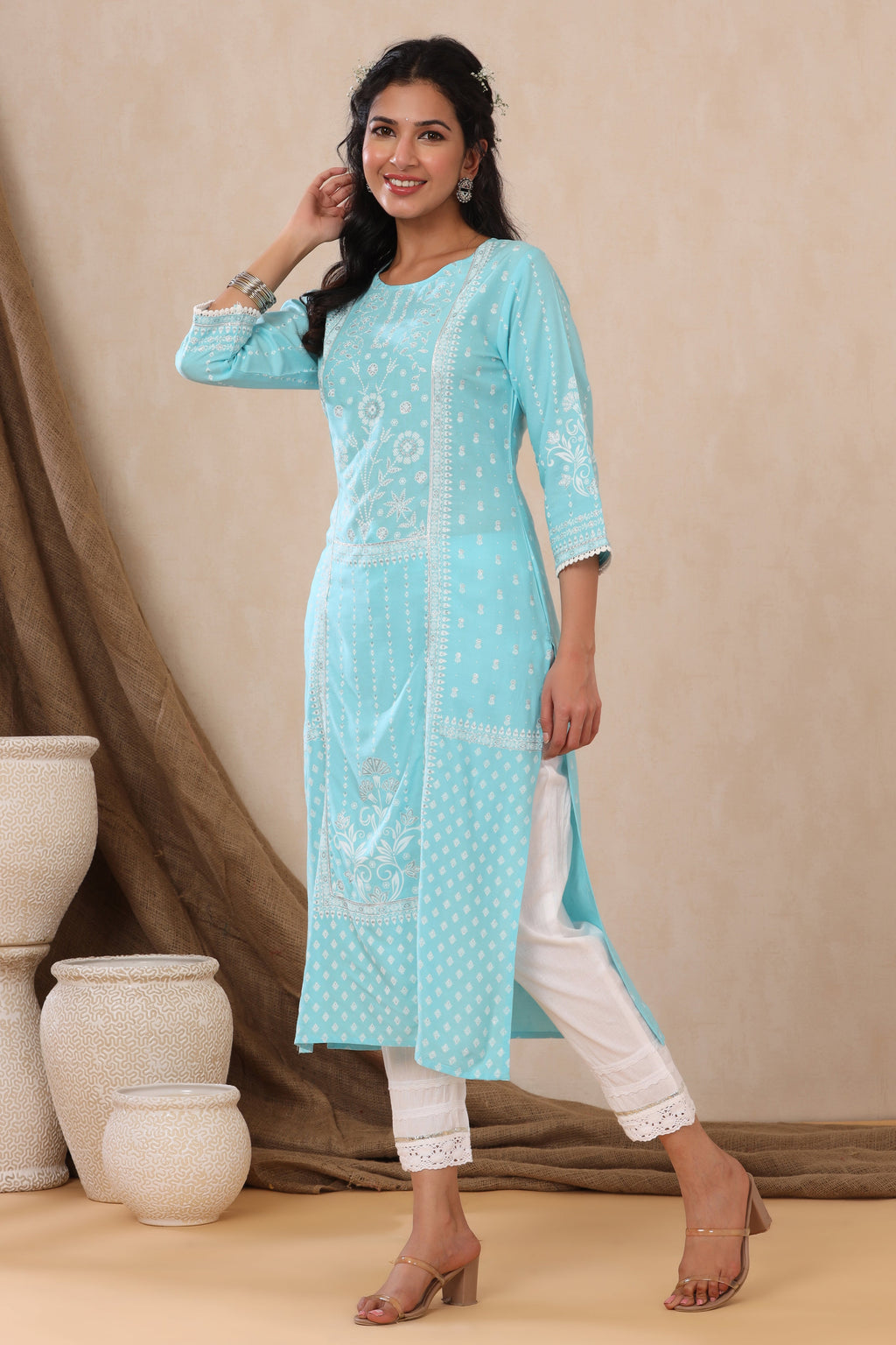 Juniper Aqua Ethnic Motif Printed Rayon Kurta With Lace Work | Grocsy