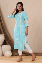 Juniper Aqua Ethnic Motif Printed Rayon Kurta With Lace Work | Grocsy