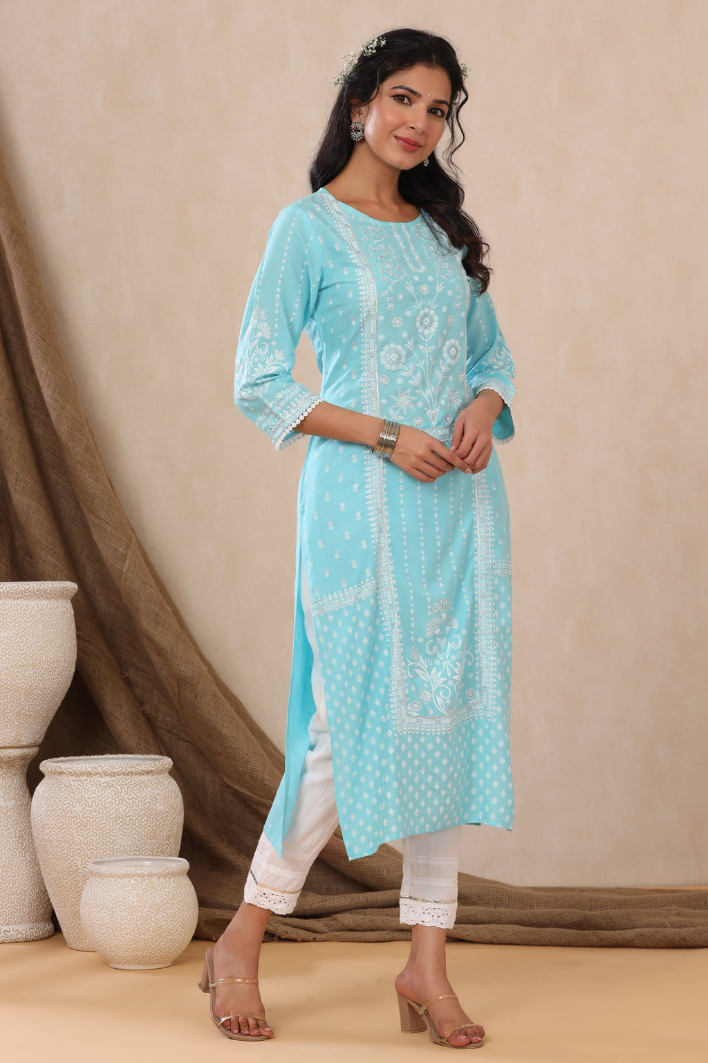 Juniper Aqua Ethnic Motif Printed Rayon Kurta With Lace Work | Grocsy