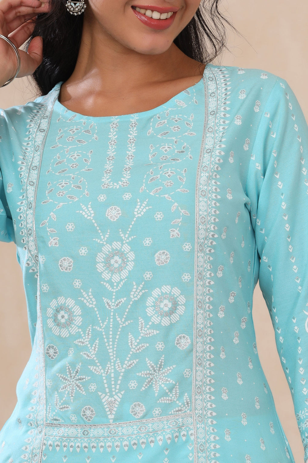 Juniper Aqua Ethnic Motif Printed Rayon Kurta With Lace Work | Grocsy