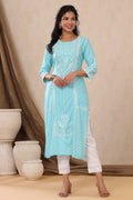 Juniper Aqua Ethnic Motif Printed Rayon Kurta With Lace Work | Grocsy