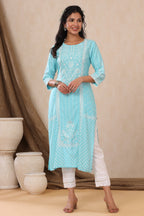 Juniper Aqua Ethnic Motif Printed Rayon Kurta With Lace Work | Grocsy