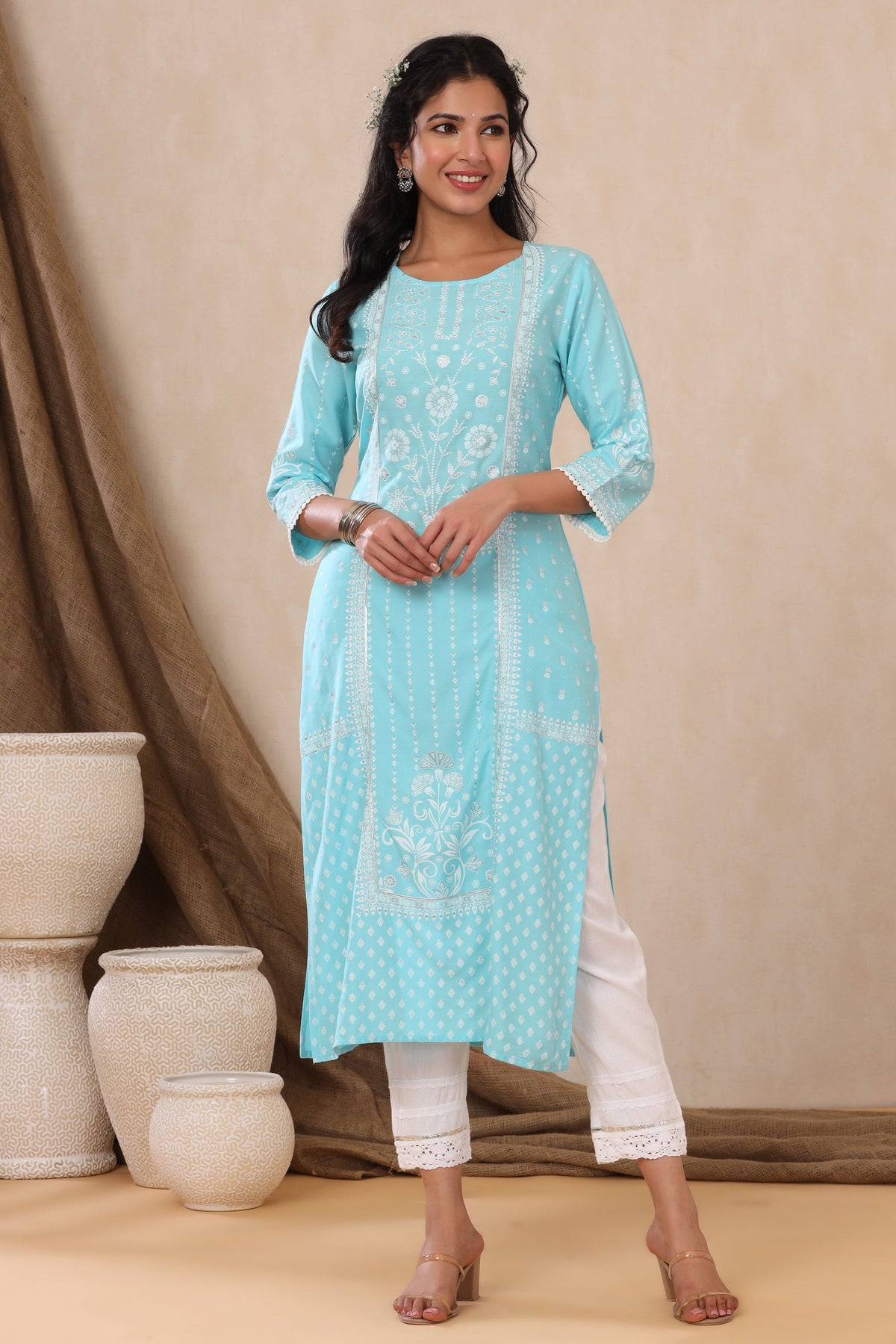 Juniper Aqua Ethnic Motif Printed Rayon Kurta With Lace Work | Grocsy