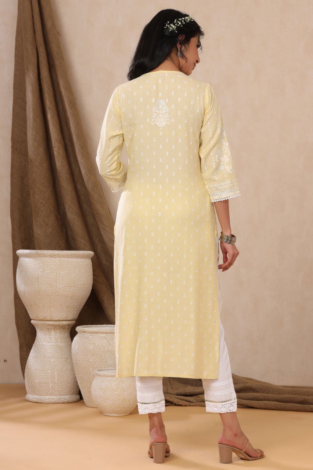 Juniper Womens Light Yellow Rayon Khari Printed Straight Kurta | Grocsy