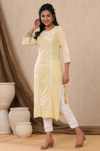Juniper Womens Light Yellow Rayon Khari Printed Straight Kurta | Grocsy
