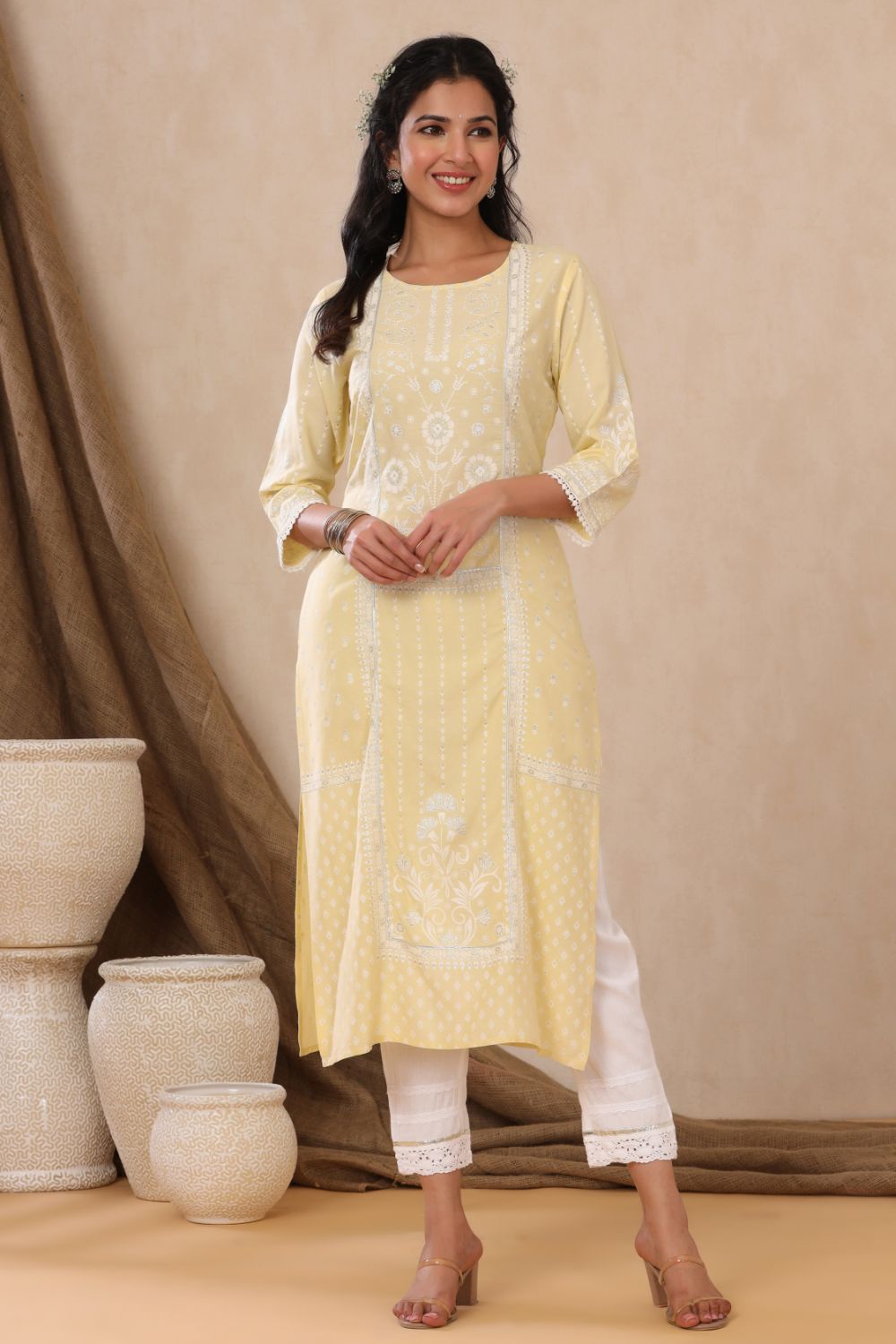Juniper Womens Light Yellow Rayon Khari Printed Straight Kurta | Grocsy