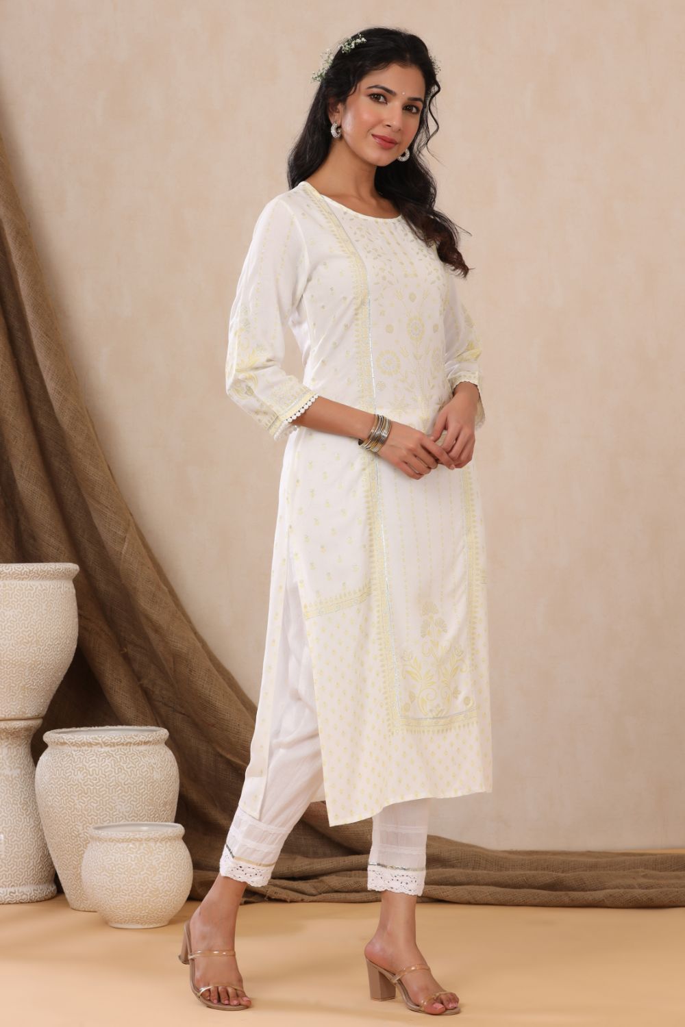 Juniper Womens Off White Rayon Placement Printed Straight Kurta | Grocsy