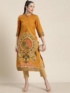 Juniper Mustard Ethnic Motif Printed Rayon Straight Kurta With Buttons & Tassels | Grocsy