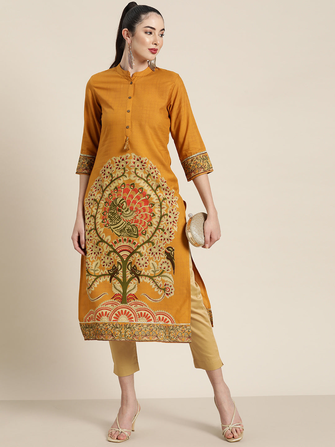 Juniper Mustard Ethnic Motif Printed Rayon Straight Kurta With Buttons & Tassels | Grocsy