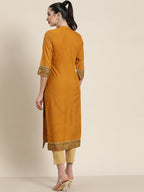 Juniper Mustard Ethnic Motif Printed Rayon Straight Kurta With Buttons & Tassels | Grocsy