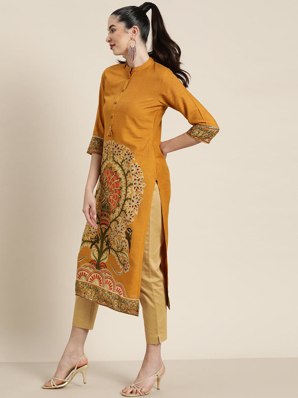 Juniper Mustard Ethnic Motif Printed Rayon Straight Kurta With Buttons & Tassels | Grocsy