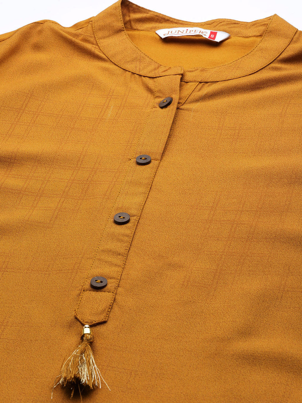 Juniper Mustard Ethnic Motif Printed Rayon Straight Kurta With Buttons & Tassels | Grocsy