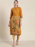 Juniper Mustard Ethnic Motif Printed Rayon Straight Kurta With Buttons & Tassels | Grocsy
