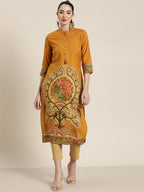 Juniper Mustard Ethnic Motif Printed Rayon Straight Kurta With Buttons & Tassels | Grocsy