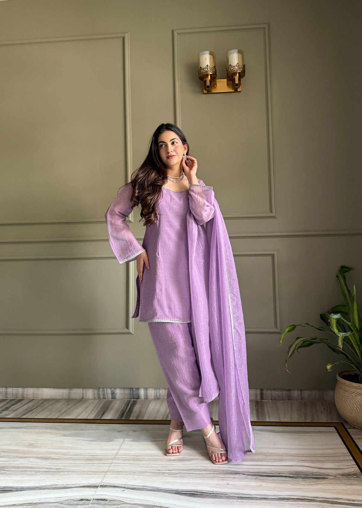 Lorenvalley Fashion Lavender Crunchy Silk with Siroski Work with Fancy Lace Work Kurta Salwar with Dupatta | Grocsy