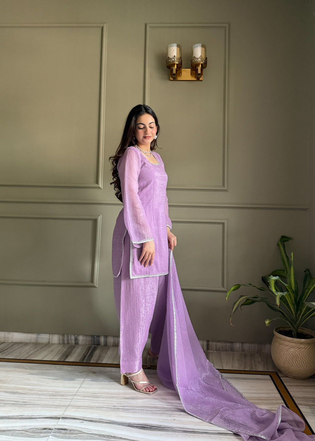 Lorenvalley Fashion Lavender Crunchy Silk with Siroski Work with Fancy Lace Work Kurta Salwar with Dupatta | Grocsy