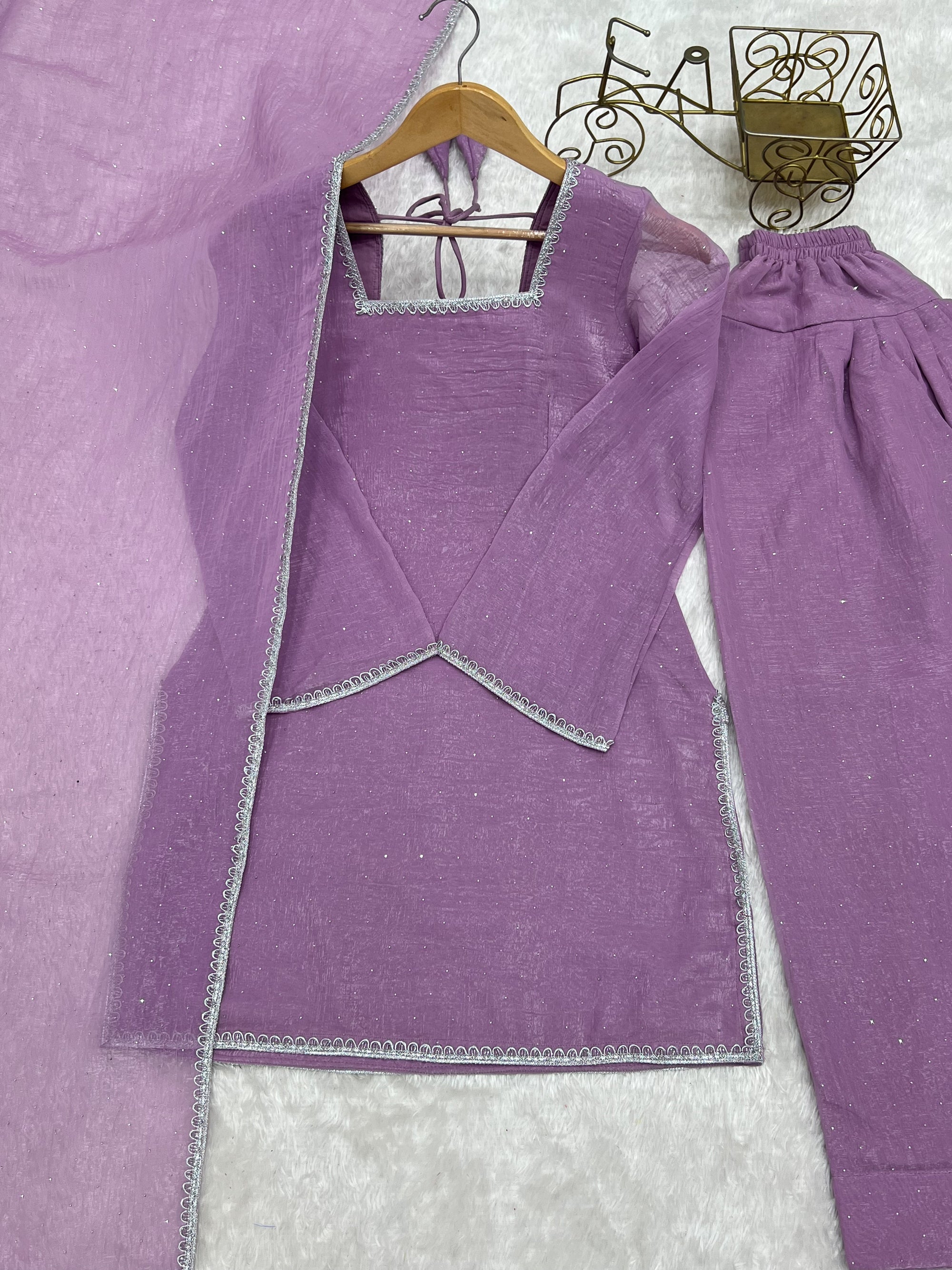 Lorenvalley Fashion Lavender Crunchy Silk with Siroski Work with Fancy Lace Work Kurta Salwar with Dupatta | Grocsy