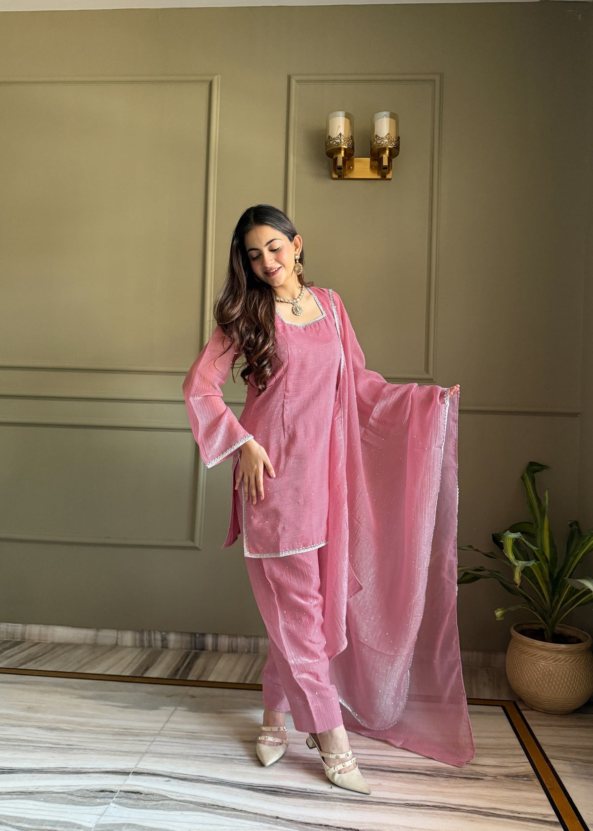 Lorenvalley Fashion Pink Crunchy Silk with Siroski Work with Fancy Lace Work Kurta Salwar with Dupatta | Grocsy