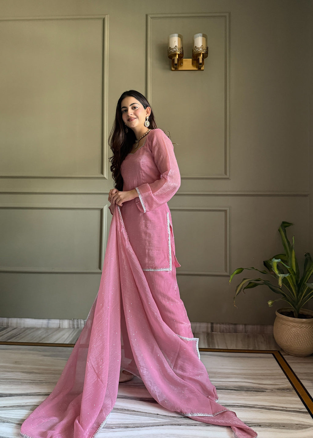 Lorenvalley Fashion Pink Crunchy Silk with Siroski Work with Fancy Lace Work Kurta Salwar with Dupatta | Grocsy