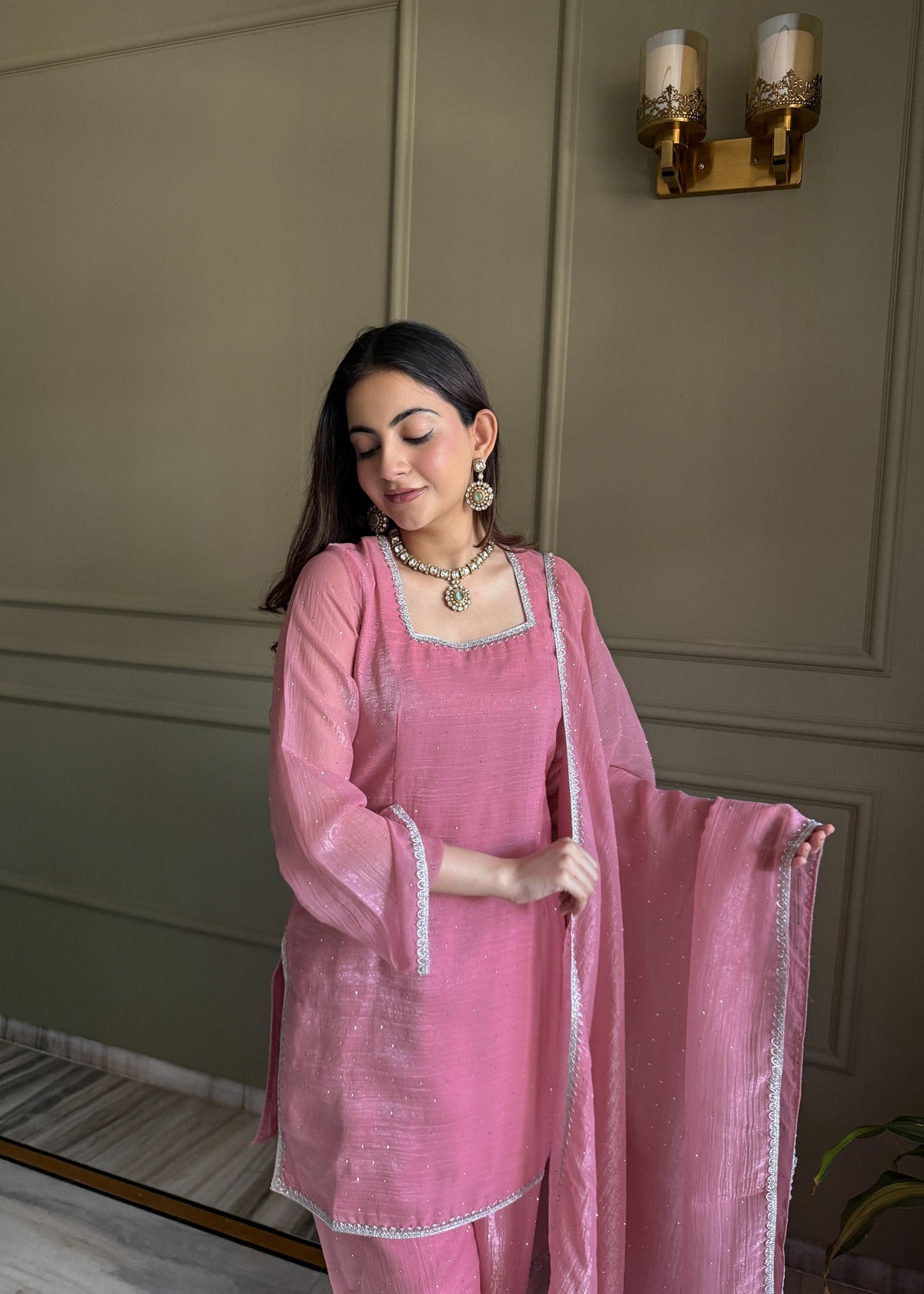 Lorenvalley Fashion Pink Crunchy Silk with Siroski Work with Fancy Lace Work Kurta Salwar with Dupatta | Grocsy