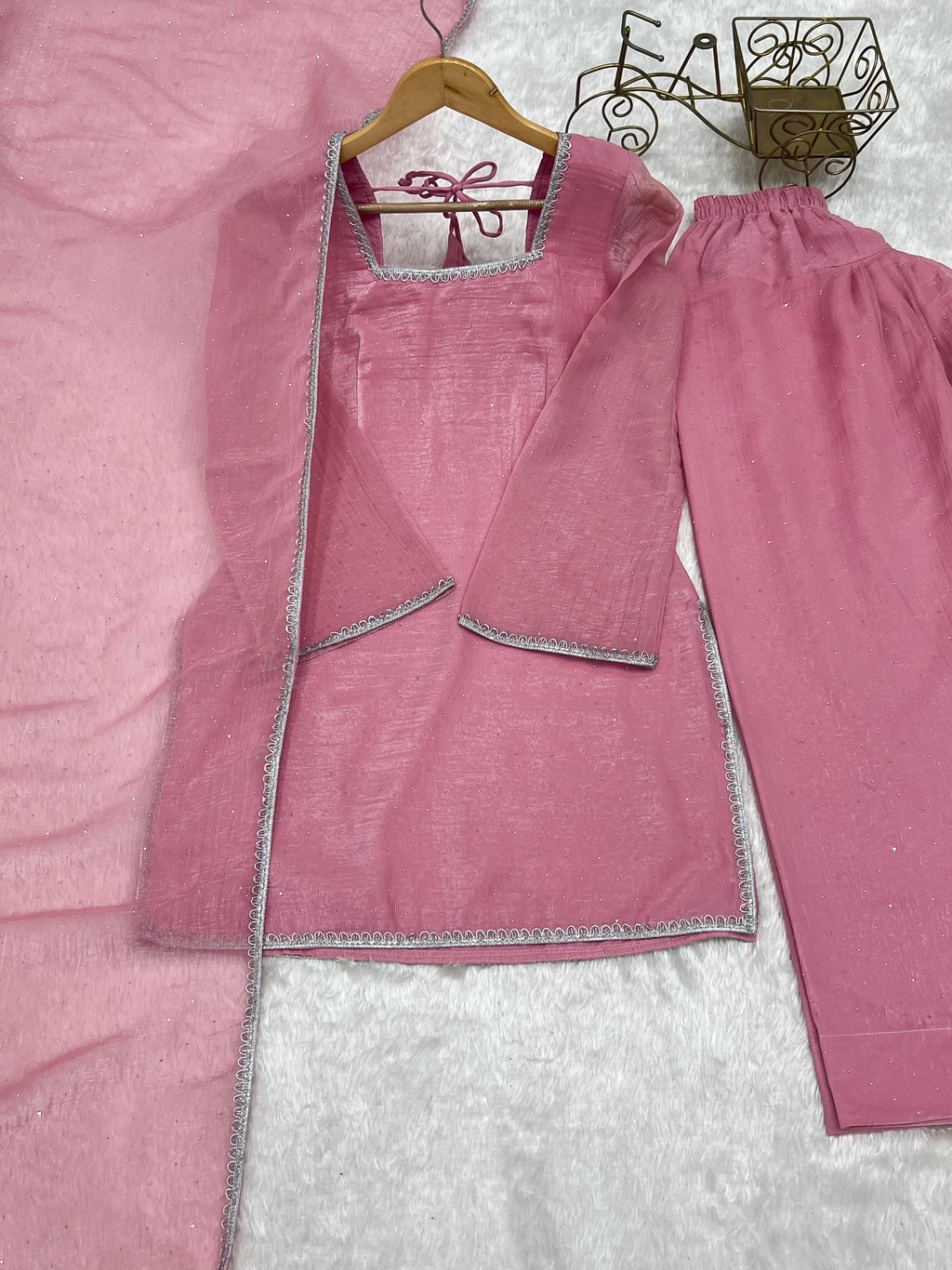 Lorenvalley Fashion Pink Crunchy Silk with Siroski Work with Fancy Lace Work Kurta Salwar with Dupatta | Grocsy