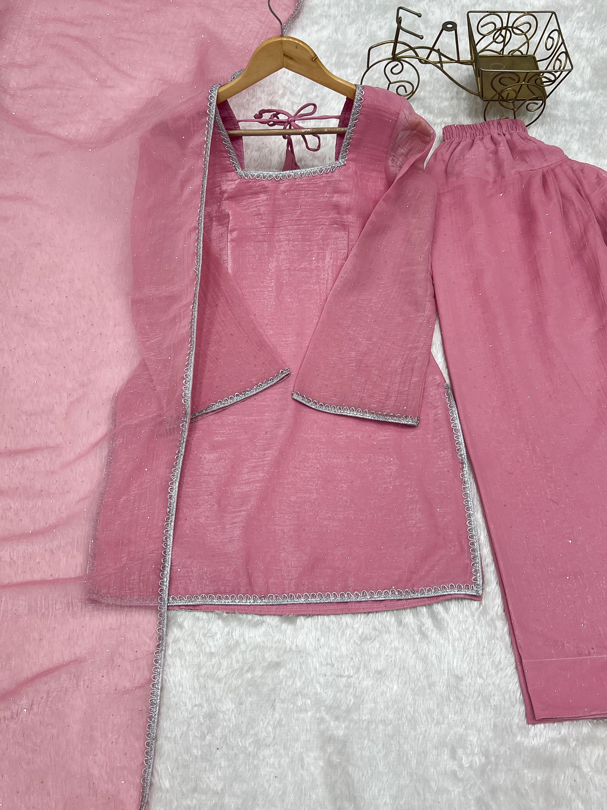 Lorenvalley Fashion Pink Crunchy Silk with Siroski Work with Fancy Lace Work Kurta Salwar with Dupatta | Grocsy