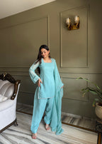 Lorenvalley Fashion Skyblue Crunchy Silk with Siroski Work with Fancy Lace Work Kurta Salwar with Dupatta | Grocsy