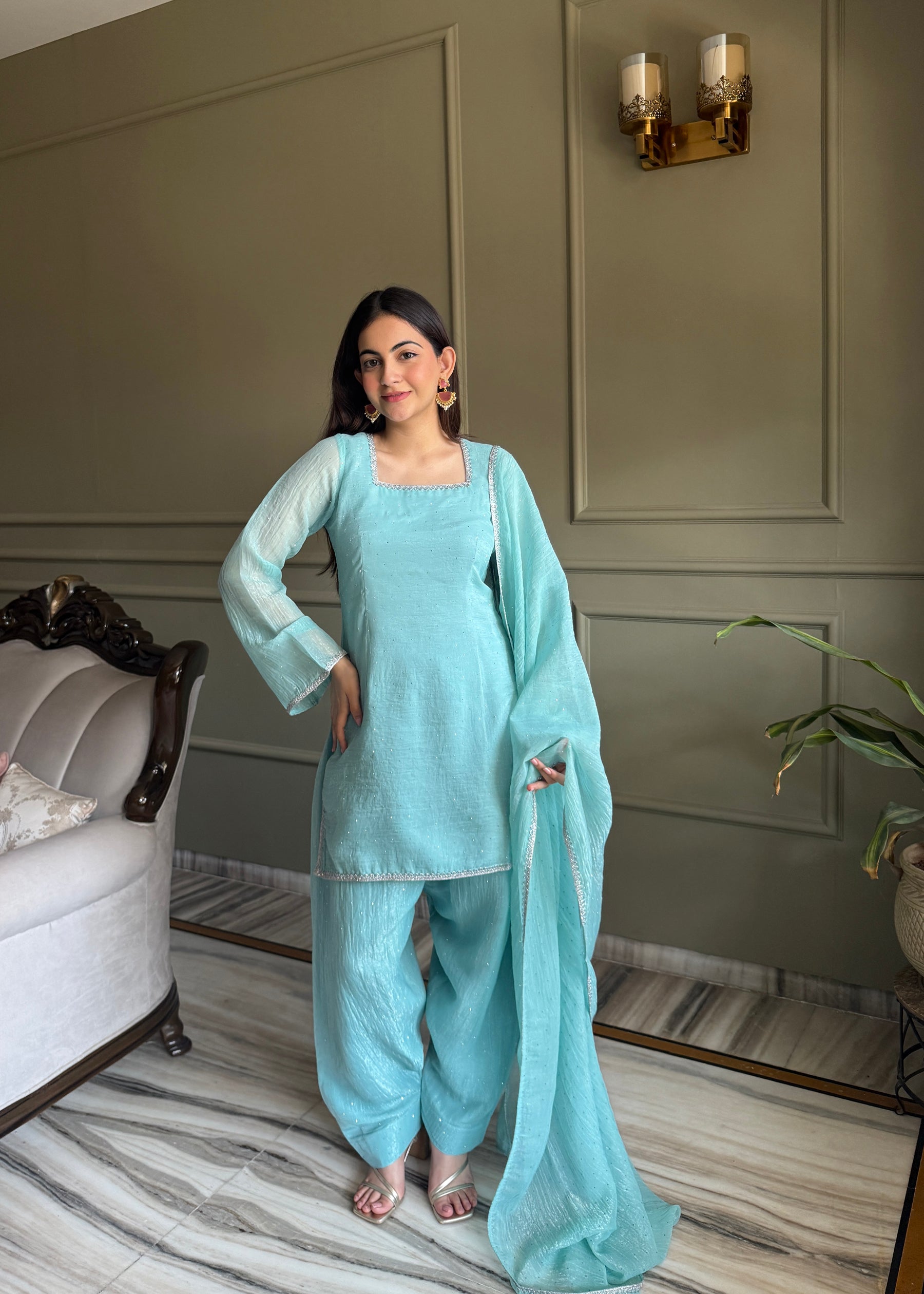 Lorenvalley Fashion Skyblue Crunchy Silk with Siroski Work with Fancy Lace Work Kurta Salwar with Dupatta | Grocsy