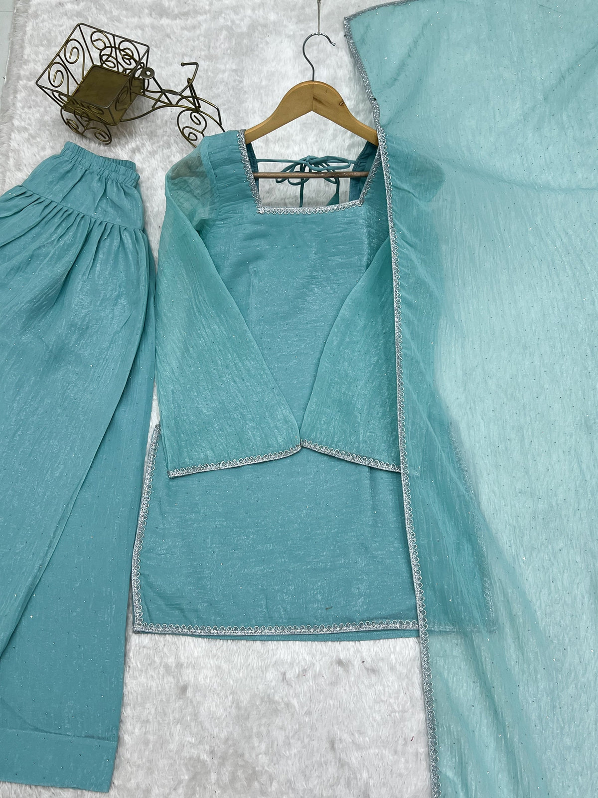 Lorenvalley Fashion Skyblue Crunchy Silk with Siroski Work with Fancy Lace Work Kurta Salwar with Dupatta | Grocsy