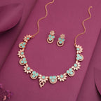 Tehzeeb Creations Gold Pleate Sky Blue Choker Necklace With Stud | Grocsy