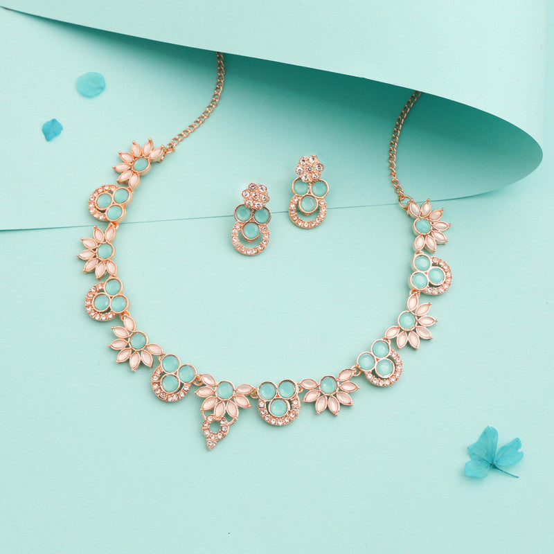 Tehzeeb Creations Gold Pleate Sky Blue Choker Necklace With Stud | Grocsy