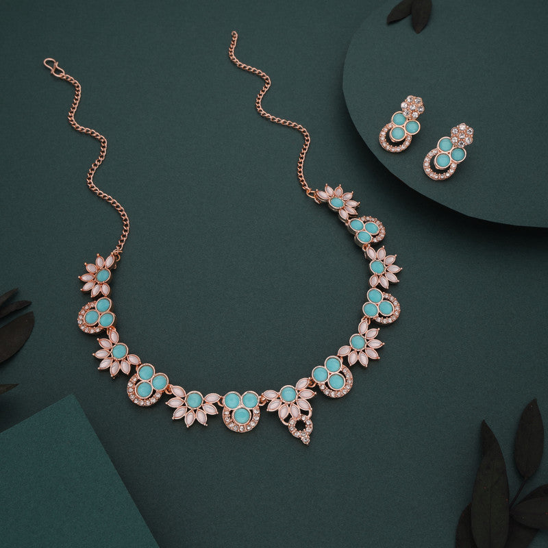 Tehzeeb Creations Gold Pleate Sky Blue Choker Necklace With Stud | Grocsy