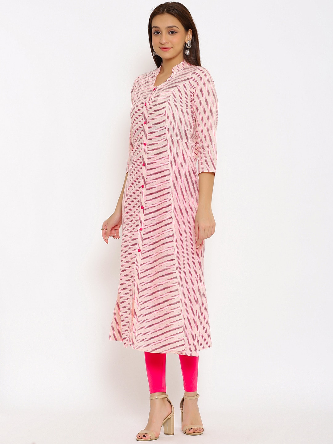 HERE&NOW Pink Mandarin Collar Striped A-Line Kurta | Grocsy