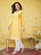 ADA Women Yellow & White Chikankari Embroidered Straight Sustainable Handloom Kurta | Grocsy