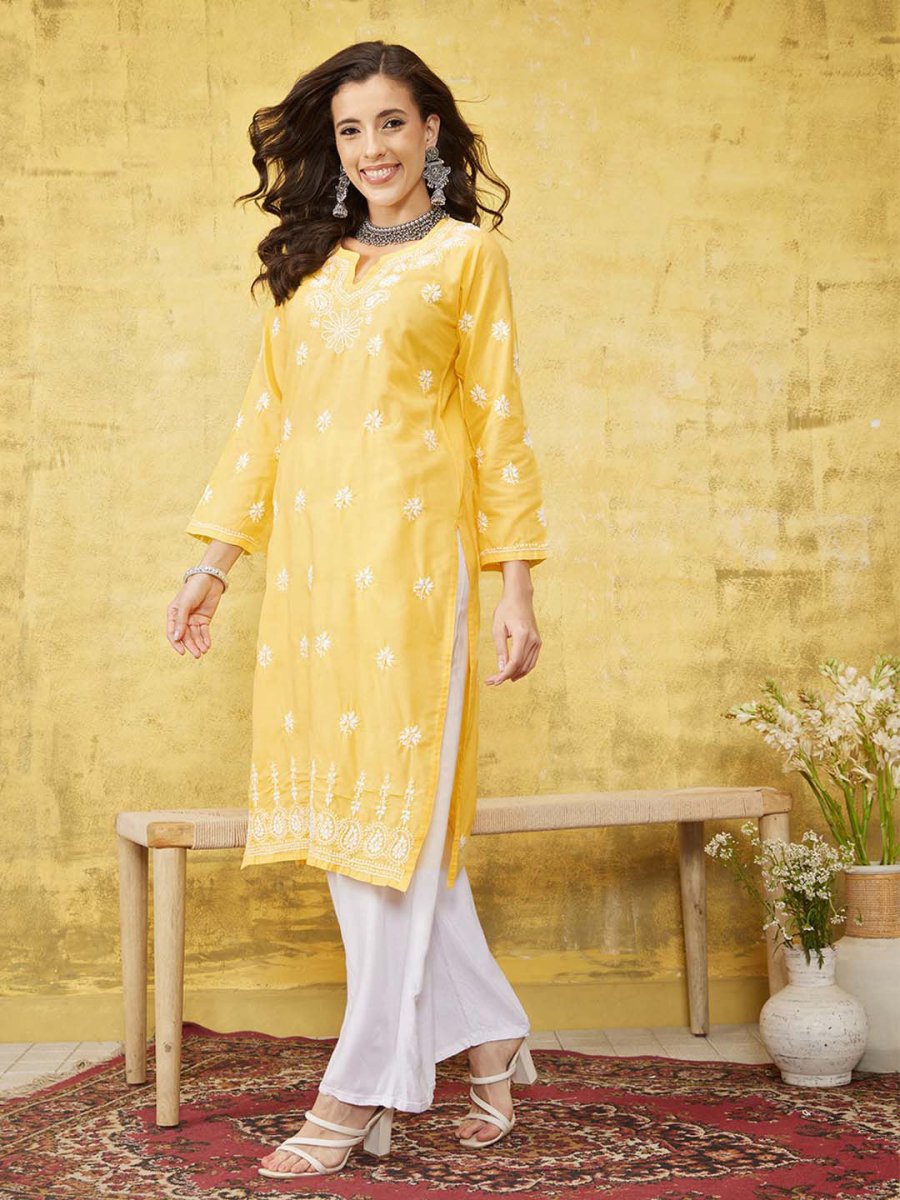 ADA Women Yellow & White Chikankari Embroidered Straight Sustainable Handloom Kurta | Grocsy
