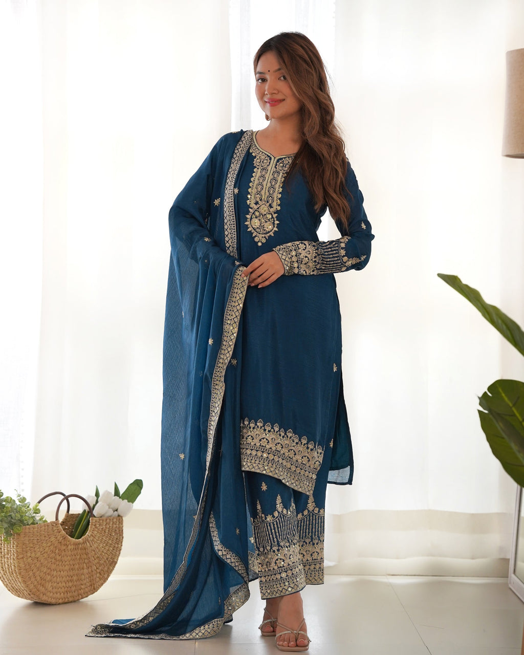 Lorenvalley Fashion Teal Chinon Silk Fabric With Beautiful Embroidery Sequence, Jari Work Kurta Pant with Dupatta | Grocsy